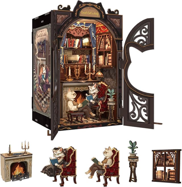 Detalle de Fsolis Book Nook Kit Fai da Te: case per miniature con luci LED a forma di testa di gatto