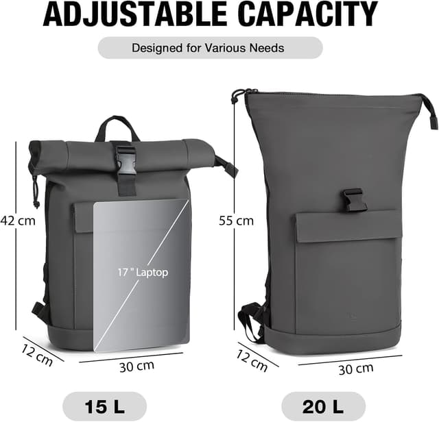 Detalle de Lekeinchi rolltop backpack for men and women with 17-inch laptop compartment (Grey)