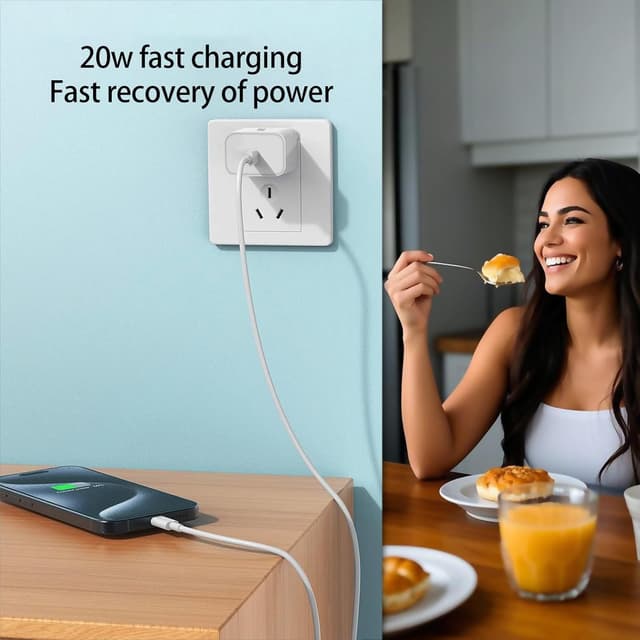 Detalle de 10ft USB-C Cable + 20W USB-C Wall Charger Set for iPhone 16/15 Pro Max, iPad & AirPods (Fast Charging) — White