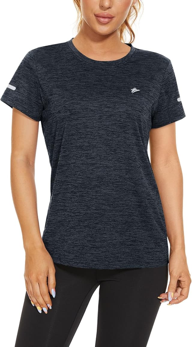 Detalle de KEFITEVD Melange Sportshirt Damen Kurzarm mit Reflexstreifen – atmungsaktives Stretch Funktionsshirt