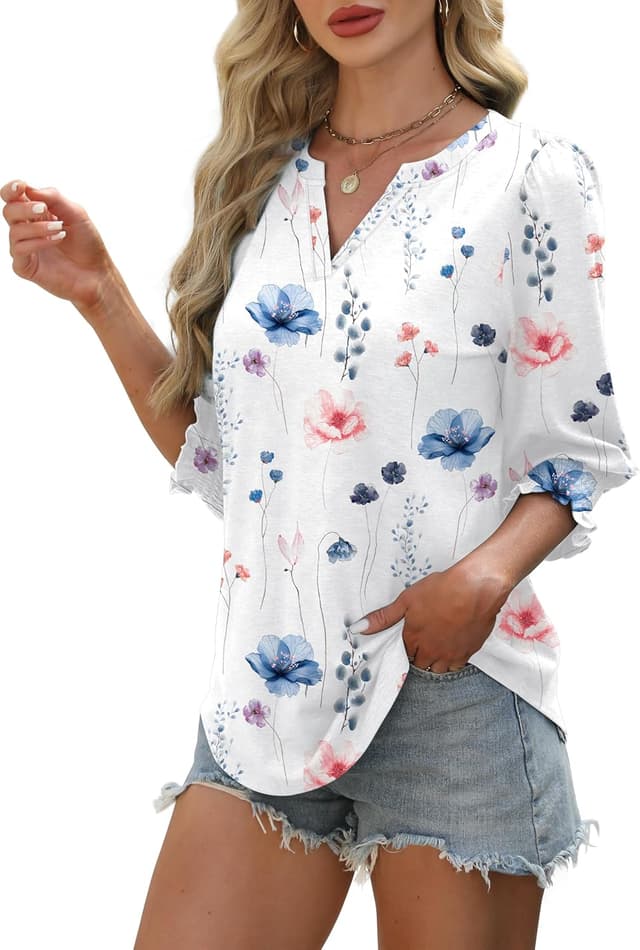 Detalle de Aokosor Womens 3/4 Sleeve V-Neck Blouses Puff Sleeve Tunic Top with Smocked Cuffs