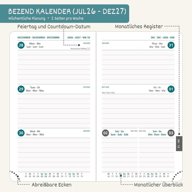 Detalle de BEZEND Kalender 2026/2027 Klein Wochenplaner A6 (18 Monate) mit Stifthalter, Türkis