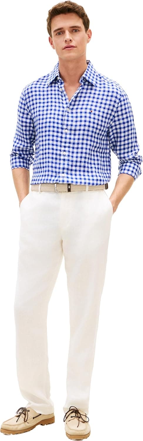 Detalle de Tommy Hilfiger Linen Essential Gingham RF Shirt MW0MW42401 camicia in lino gingham uomo