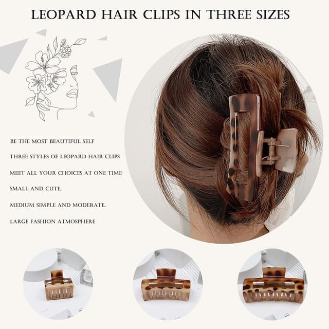 Detalle de Kavya große Haarklammer (3er-Set) eckig mit Leopardenmuster – rutschfeste Claw Clips für langes Haar