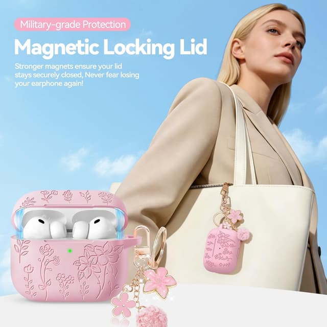 Detalle de Flower Engraved Magnetic-Lid Silicone Case for AirPods Pro 3 (2025) with Keychain & Cleaning Kit