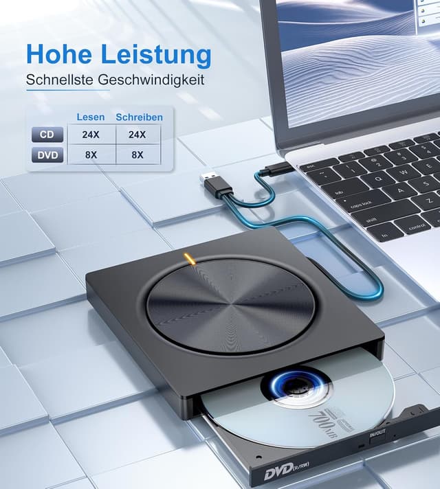 Detalle de Externes CD/DVD-Laufwerk USB 3.0 (Typ-C) mit SD/TF-Kartenleser und 2× USB-A – portable RW für Laptop & Desktop