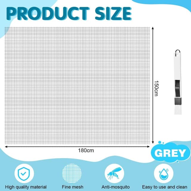 Detalle 2 de BUZIFU Fliegengitter Meterware (Fiberglas, PVC-beschichtet) 150 x 180 cm inkl. Fensterputzbürste – Schutz gegen Mücken