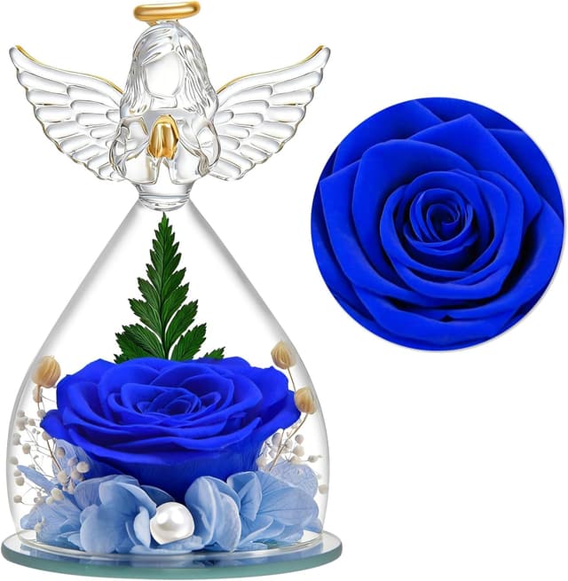 Detalle de YiHuaHua Rose Eternelle Cadeau Femme : rose stabilisée avec figurine d’ange sous cloche en verre