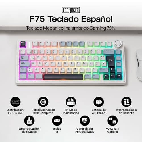 Detalle de EPOMAKER Aula F75 ISO-ES (75%) teclado mecánico inalámbrico 3 modos con perilla, RGB y hot-swap