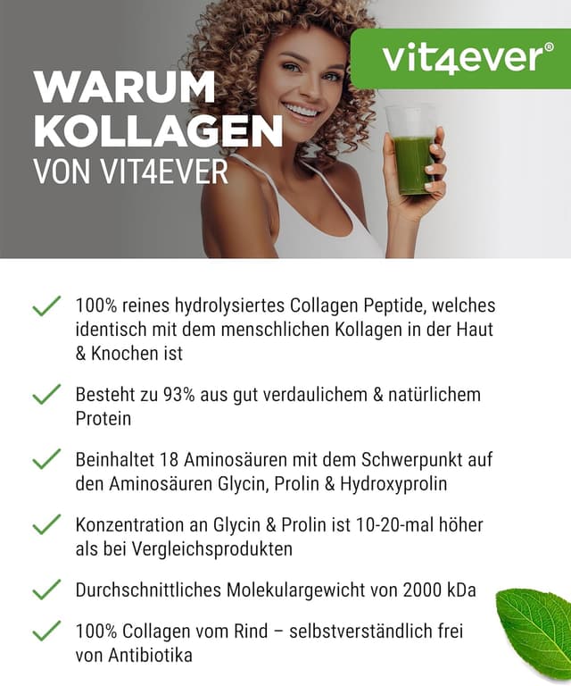 Detalle de Vit4ever Collagen Pulver 500 g (Kollagen Hydrolysat Typ 1 & 3) – geschmacksneutral, ohne Zusatzstoffe