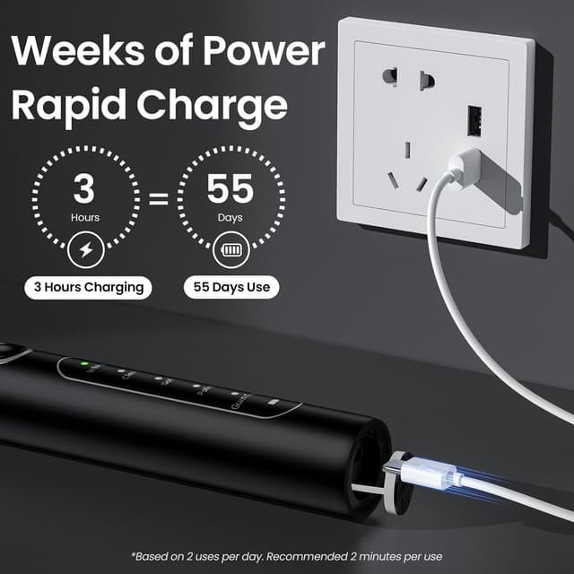 Detalle de YUNCHI C2 Electric Toothbrush (USB-C rechargeable) for adults and kids, 5 modes, 2-minute timer, 8 brush heads, travel case