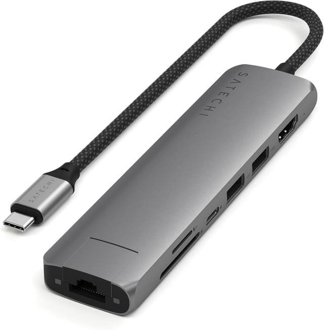 Detalle de SATECHI 7 in 1 Hub USB-C Slim Plus con Ethernet, HDMI 4K@60Hz e ricarica PD 100W (grigio)