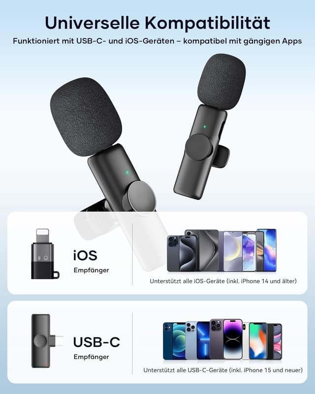 Detalle de CZOCPOS Kabelloses Lavalier Mikrofon 2er Set – Mini Funk-Lavalier für iPhone, iPad & Android (Plug & Play), Schwarz