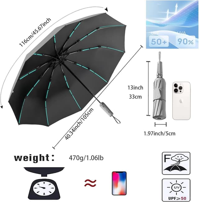 Detalle 2 de erised’s bifrost travel folding umbrella with UPF 50+ protection, auto-open/close and 5cm strap