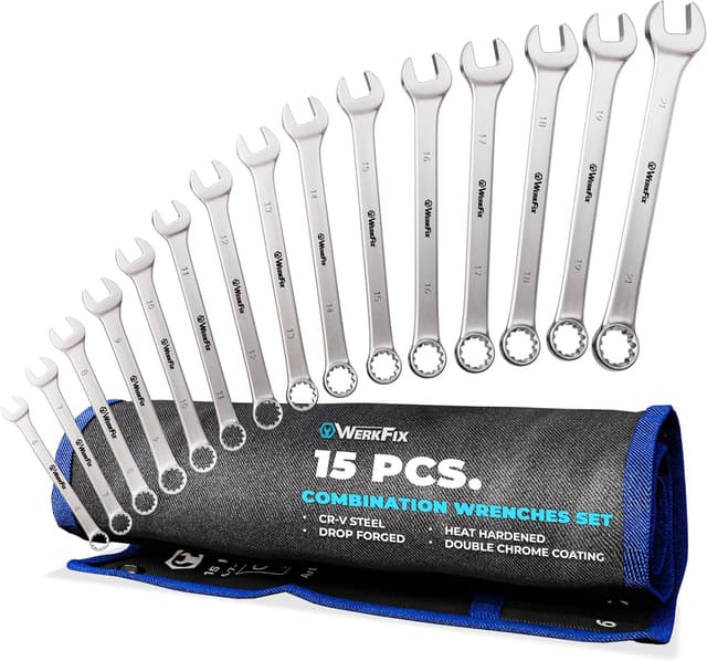 Detalle de S&R Werkfix Professional Metric Combination Spanner Set (15 pcs) 6–21 mm with Thin Ring Profile & Roll-Up Bag