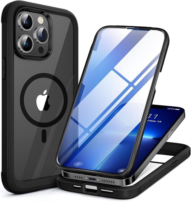 Detalle de Miracase Magnetic Case for iPhone 13 Pro Max (6.7-inch) with built-in 9H tempered glass screen protector, clear back, MagSafe compatible (Black)
