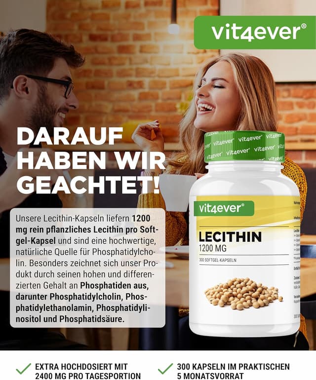 Detalle de vit4ever Lecithin 1200 mg – 300 Softgels (Sojalecithin, ohne Gentechnik)