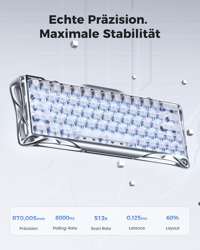 Detalle de GravaStar Mercury V60 Pro clavier gaming 60% : switchs magnétiques à effet Hall, Rapid Trigger et RGB