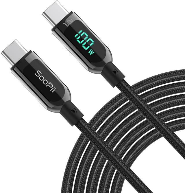 Detalle de SOOPII 100W USB-C to USB-C Cable (Nylon Braided) with LED Power Display, PD Fast Charging (1.2m)