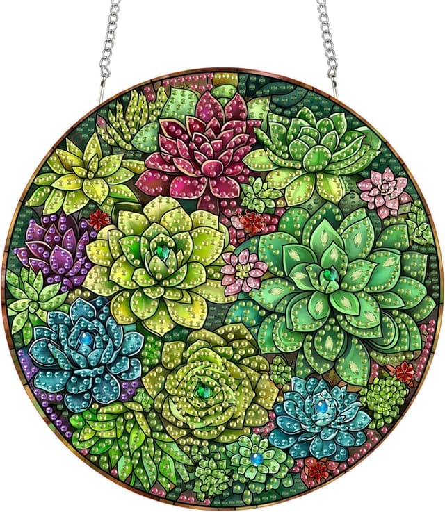 Detalle de Reofrey Diamond Painting Doppelseitiger Anhänger Acrylbrett mit Kette (20x20 cm) – DIY Kristall-Malerei für Fenster, Wand & Garten