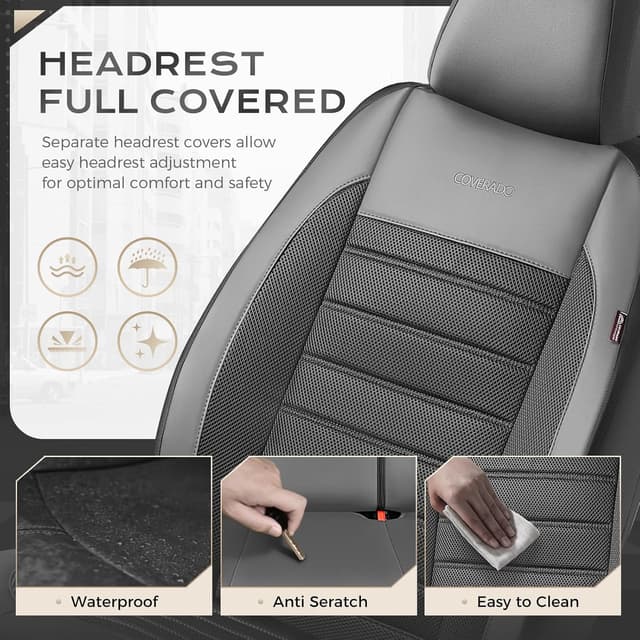 Detalle de Coverado Car Seat Covers Full Set (5 Seats) in Black Gray – Luxury Leather + Mesh Protectors