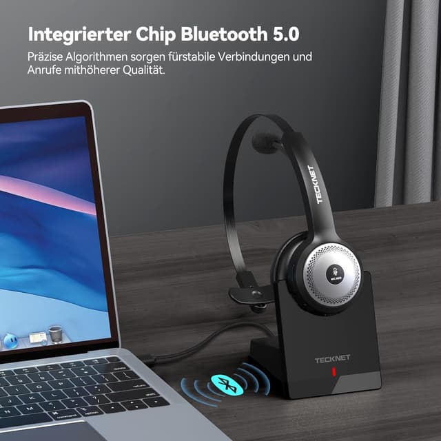 Detalle 2 de TECKNET Bluetooth PC Headset mit Mikrofon & USB-Dongle (mono) inkl. Ladestation