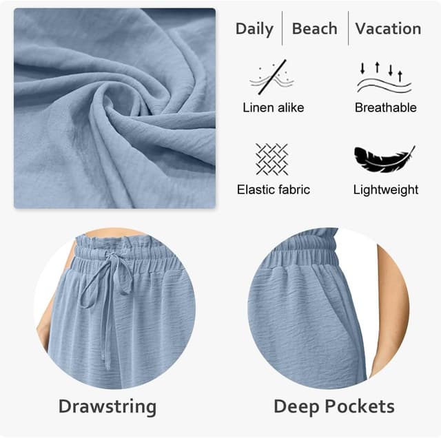 Detalle de FREEOAK Women’s High-Waisted Capri Pants with Wide-Leg Fit, Pockets & Adjustable Drawstring