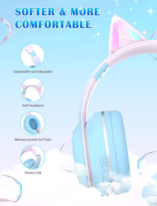 Detalle 2 de Xunpuls Bluetooth Kids Headphones with Cat Ear LED, Foldable Wireless Over-Ear (Blue)