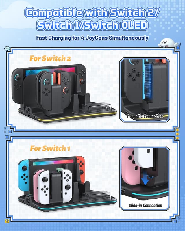 Detalle 2 de FASTSNAIL RGB Controller Ladestation für Switch / Switch OLED (für Joy-Cons & Pro Controller), extra große Standstation