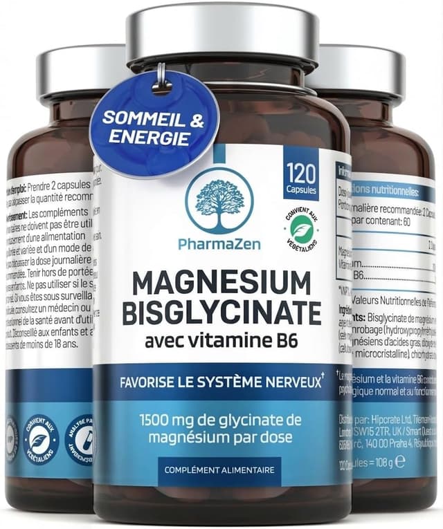 Detalle de Magnésium Bisglycinate 300 mg + Vitamine B6 PharmaZen (120 gélules vegan) pour le sommeil, le stress et la fatigue