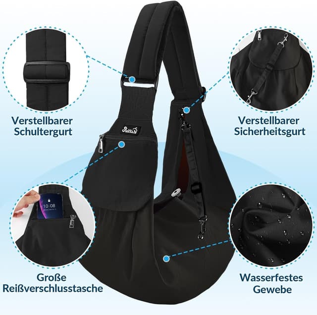 Detalle 2 de SlowTon Hundetragetasche als Sling Carrier mit gepolstertem, verstellbarem Schultergurt – wasserdicht, mit Fronttasche