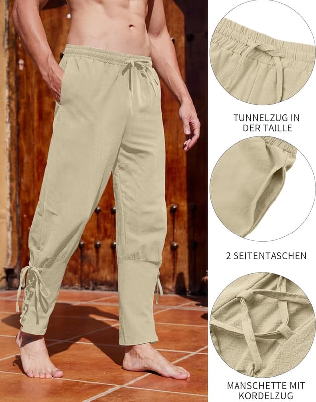 Detalle de YAOBAOLE Leinenhose Herren – Mittelalter/Wikinger-Renaissance Piratenhose mit elastischem Bund und Taschen
