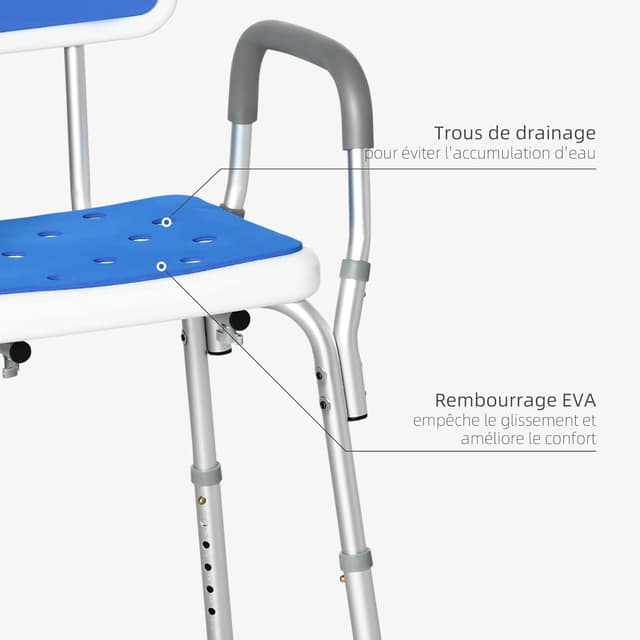 Detalle de HOMCOM Tabouret de douche chaise ergonomique à hauteur réglable (6 niveaux) en alu et HDPE, 136 kg max