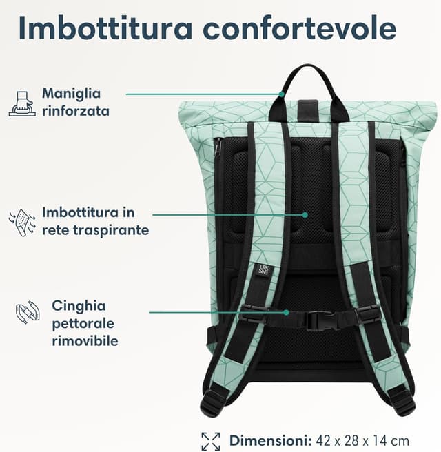 Detalle 2 de LARKSON Zaino Janne roll-top menta idrorepellente con tasca laptop (fino a 16")