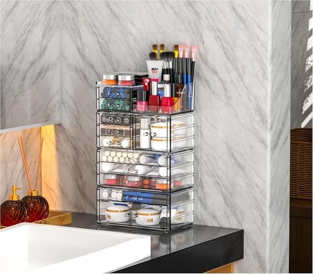Detalle de Acrylic Clear Makeup Organizer Countertop (11 Drawers) — Stackable Vanity & Skincare Storage for Beauty Counters