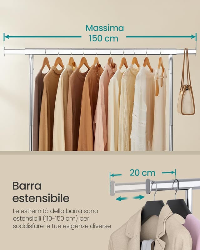 Detalle 2 de SONGMICS HSR11S stand appendiabiti con rotelle e barra estensibile, portata 130 kg