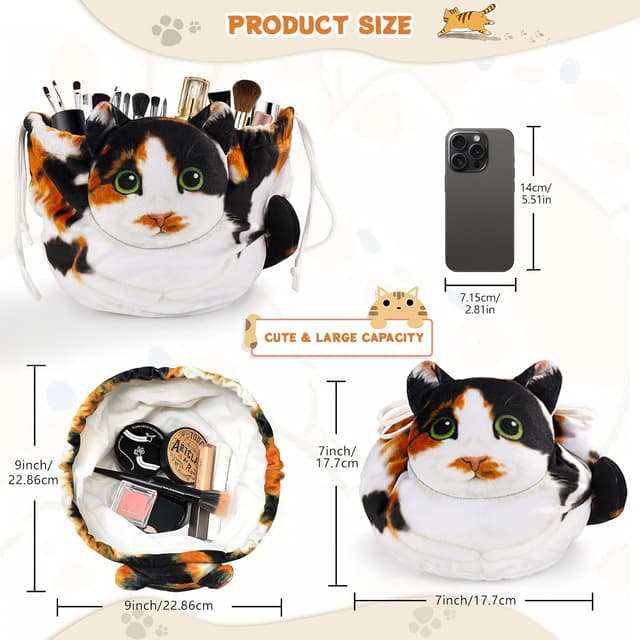 Detalle de Openhahaha Trousse Trucchi da Viaggio con coulisse a forma di gatto