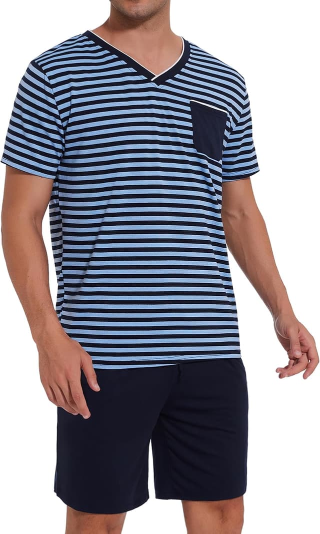 Detalle 2 de Leversic Herren-Schlafanzug kurz aus Baumwolle mit Kontraststreifen-Design – Sommer-Pyjama Set