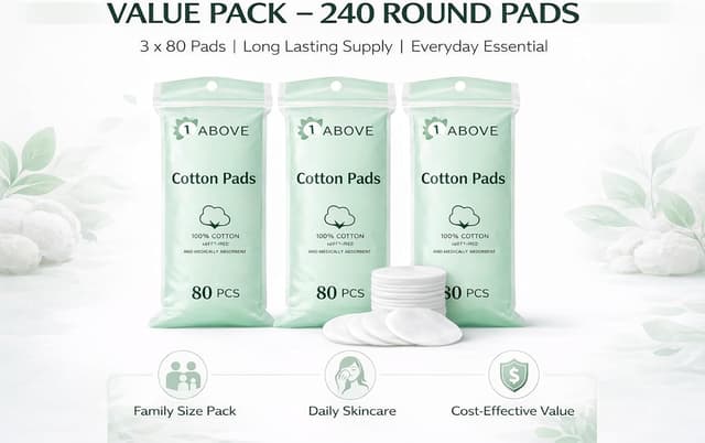 Detalle de 1ABOVE 240-Pack Round Cotton Wool Pads (100% Pure Cotton) for Daily Facial Cleansing & Makeup Removal