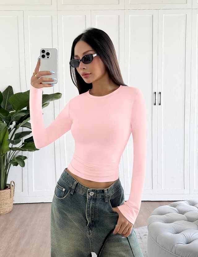 Detalle de Hotouch T-shirt manches longues femme col rond ajusté thermiques en soie de lait (XS à XL)