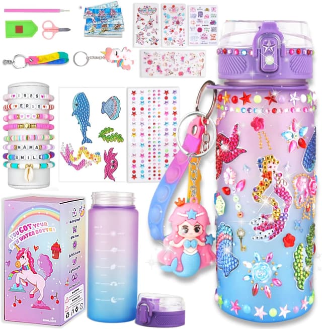 Detalle de Sanilinwild girls’ 600ml mermaid DIY water bottle kit (decorate + friendship bracelet)