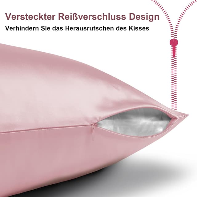 Detalle 2 de Ravmix Seidenkissenbezug 40x80 (Maulbeerseide), 1 Stück, Rosa – mit verstecktem Reißverschluss