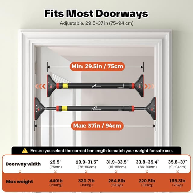 Detalle 2 de Sportneer Klimmzugstange für den Türrahmen (bis 200 kg), ausziehbar 75–94 cm – ohne Bohren mit 360°-Zahnradsperre