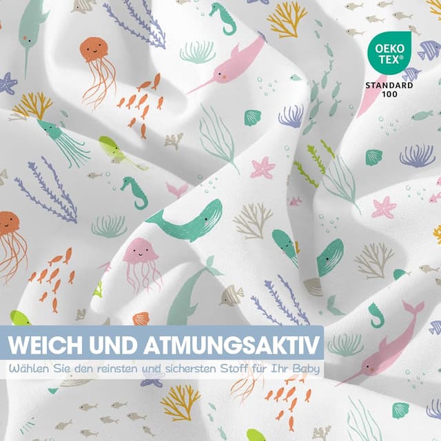 Detalle 2 de Little Grape Land Spannbettlaken für Baby-/Kinderbett 60x120 cm (4er Set) – atmungsaktive Mikrofaser, OEKO-TEX, Meereswelt/Muschel
