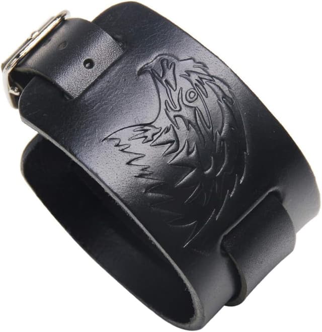 Detalle de Thajaling Pulsera cuero negro estilo búho