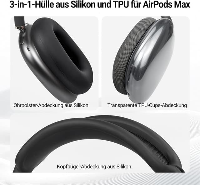 Detalle de Tuocal 3-in-1 Hülle für AirPods Max: Silikon-Schutz für Ohrpolster & TPU-Case (schwarz)