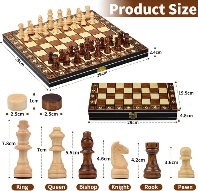 Detalle 2 de Aissom Schachspiel aus Holz 2‑in‑1 klappbar mit Magnet & Stauraum (39 x 39 cm) – Reiseschach für Kinder