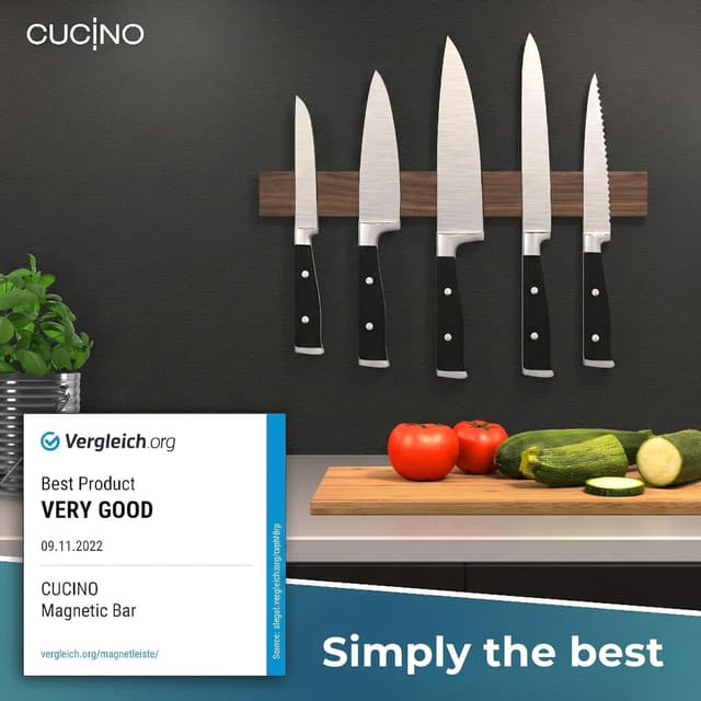 Detalle 2 de CUCINO Self-Adhesive Magnetic Knife Strip (Walnut, 40 cm) with Extra-Strong Magnet