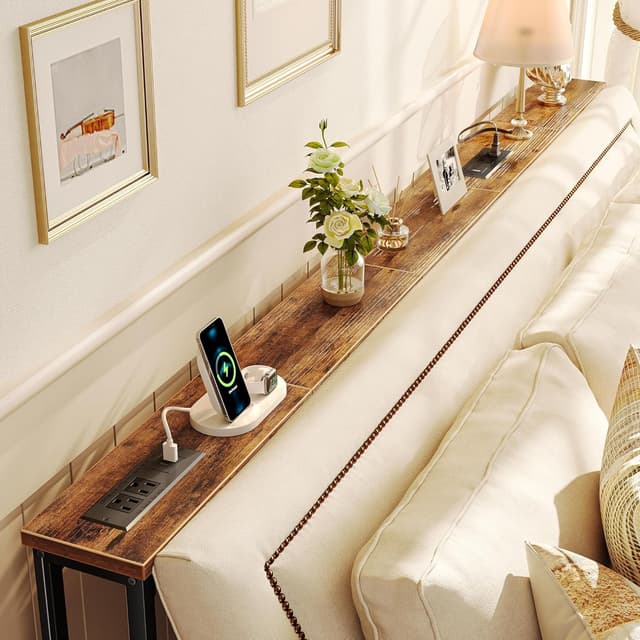 Detalle de SUPERJARE 79 Inch Sofa Table with 2 Power Outlets, USB-C Ports & Narrow Storage Console (Rustic Brown)