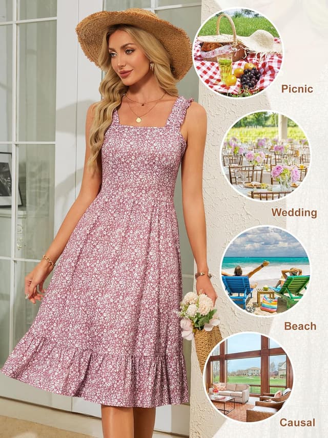 Detalle de ZABERRY Womens Summer Midi Dress 2026 with Elastic Straps, Square Neck & Floral Print